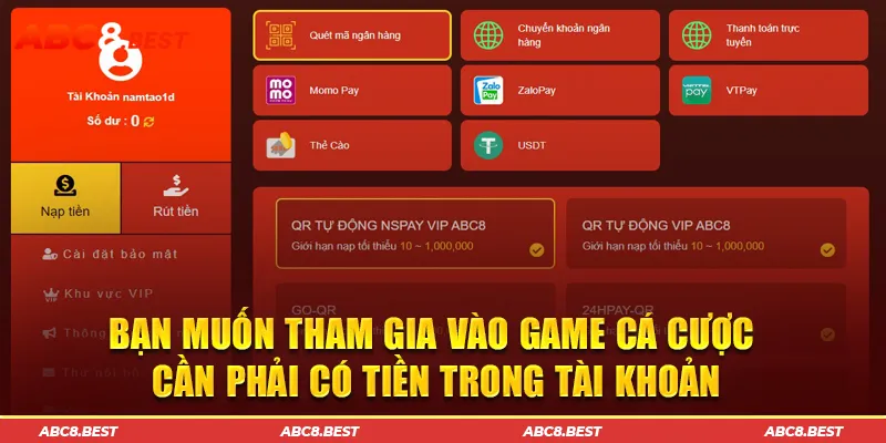 Bạn muốn tham gia vào game cá cược cần phải có tiền trong tài khoản